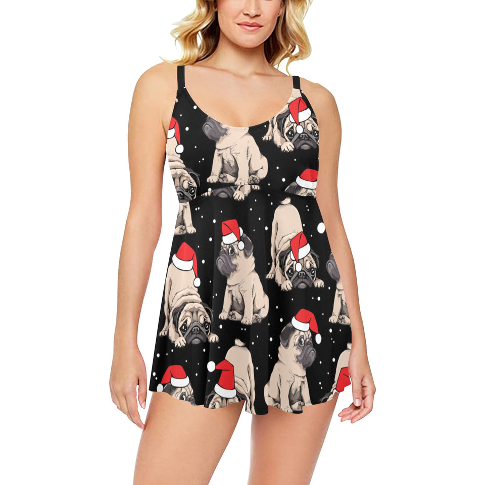 Christmas Pugs Santa_s red cap pattern Chest Sexy Pleated Two Piece Swim Dress