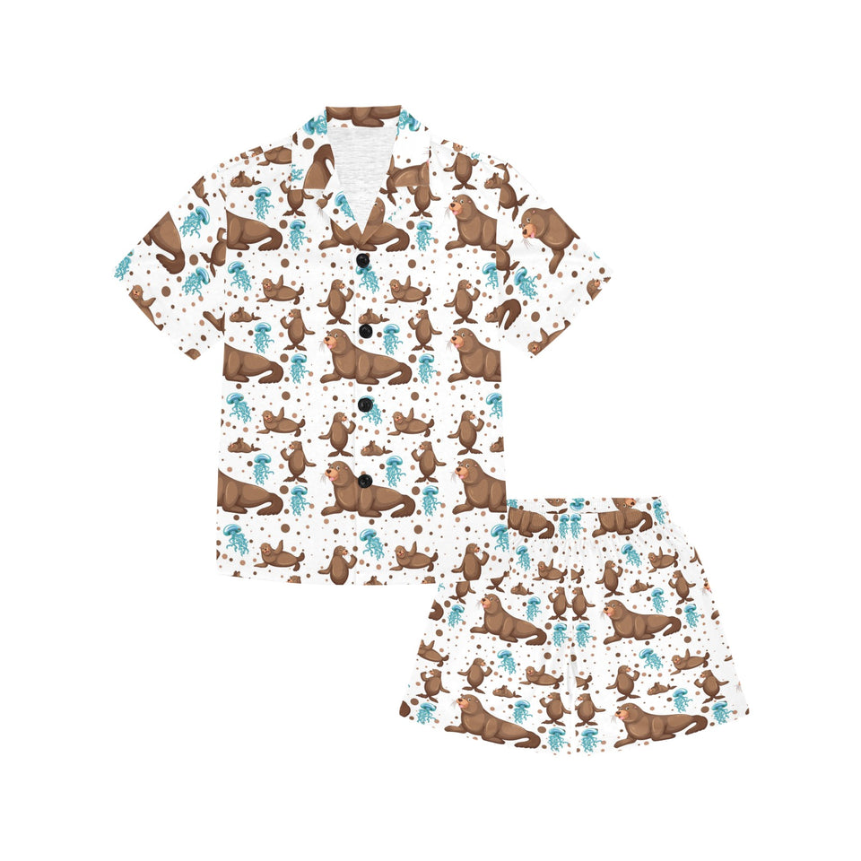 sea lion Seals jellyfish pattern Kids' Boys' Girls' V-Neck Short Pajama Set