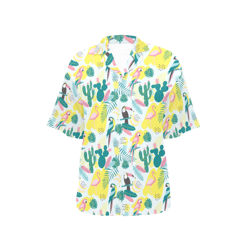 Cute parrot toucan flamingo cactus exotic leaves p Women's All Over Print Hawaiian Shirt