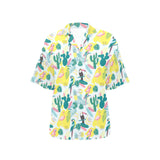 Cute parrot toucan flamingo cactus exotic leaves p Women's All Over Print Hawaiian Shirt