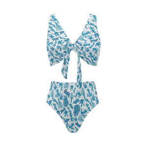 Coral Reef Pattern Print Design 01 Chest Bowknot High Waisted Bikini Swimsuit