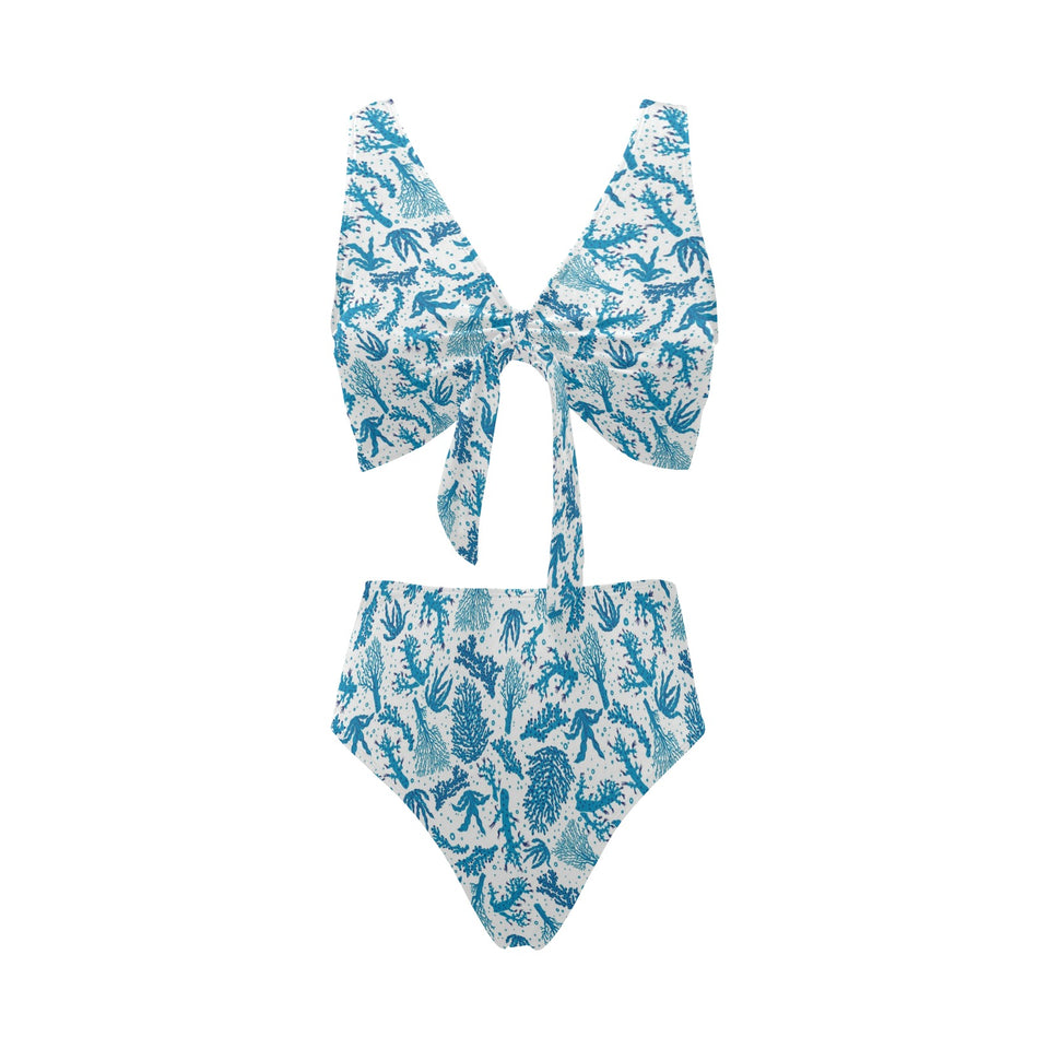 Coral Reef Pattern Print Design 01 Chest Bowknot High Waisted Bikini Swimsuit
