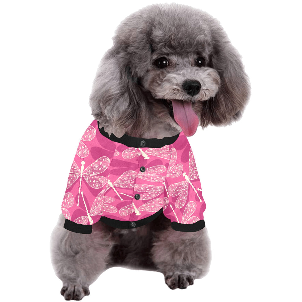Beautiful dragonfly pink background All Over Print Pet Dog Round Neck Fuzzy Shirt