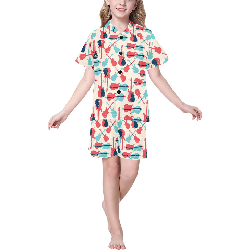 Red Blue guitar pattern Kids' Boys' Girls' V-Neck Short Pajama Set