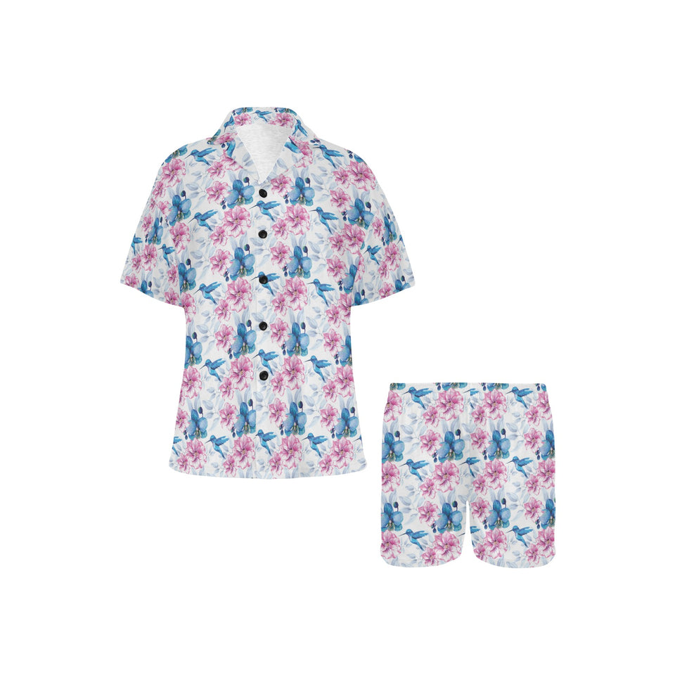 Hummingbird Pattern Print Design 02 Women's V-Neck Short Pajama Set