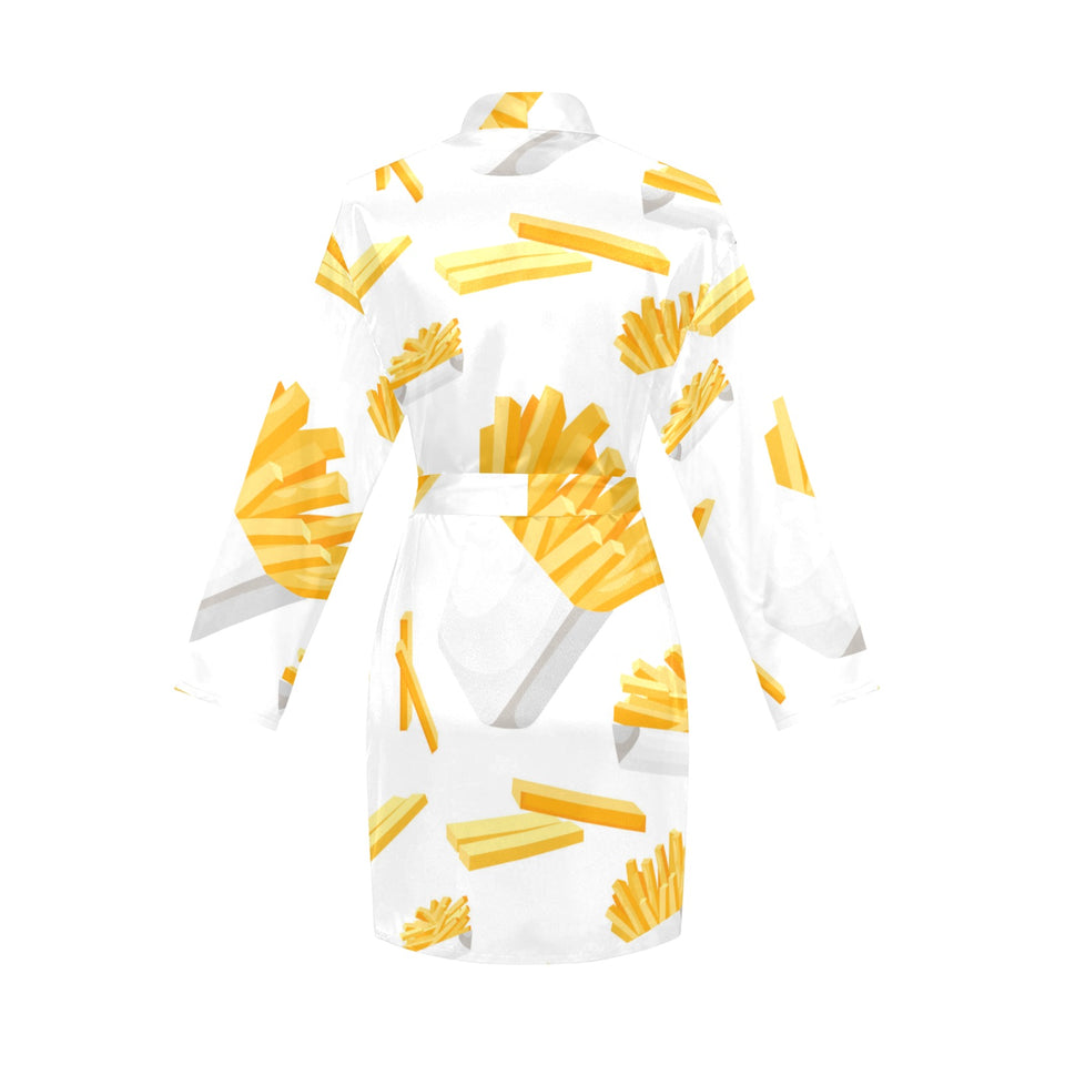 French fries white paper box pattern Women's Long Sleeve Belted Night Robe