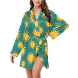 Sun green background Women's Long Sleeve Belted Night Robe