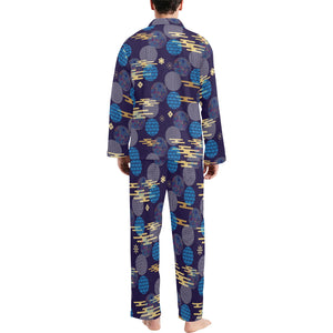 Blue japanese pattern cloud wave flower Men's Long Pajama Set