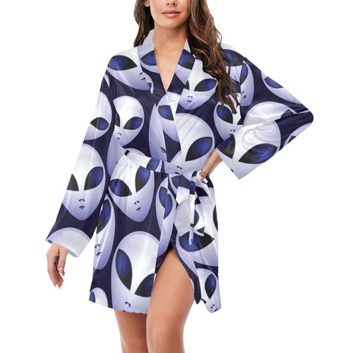 Alien Pattern Print Design 01 Women's Long Sleeve Belted Night Robe