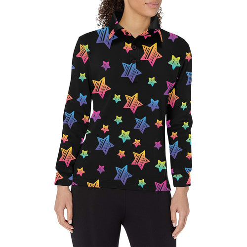 Colorful star pattern Women's Long Sleeve Polo Shirt