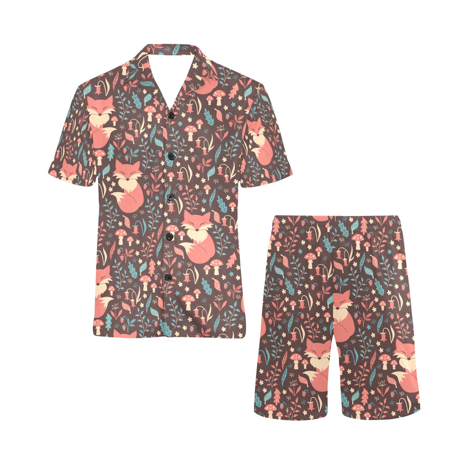 fox leaves mushroom pattern Men's V-Neck Short Pajama Set