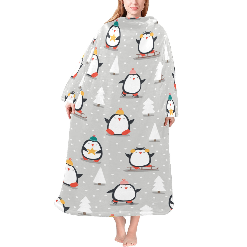 Cute Penguin christmas pattern Blanket Robe with Sleeves