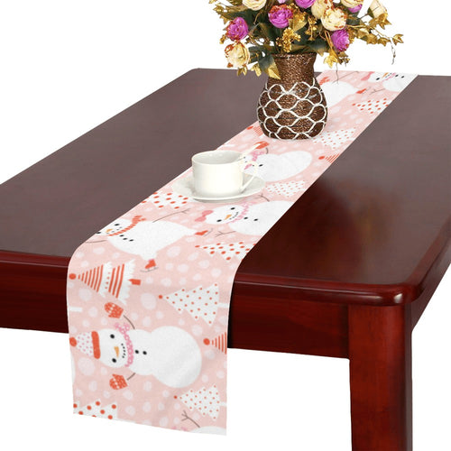 Cute snowman christmas tree snowpink background Table Runner