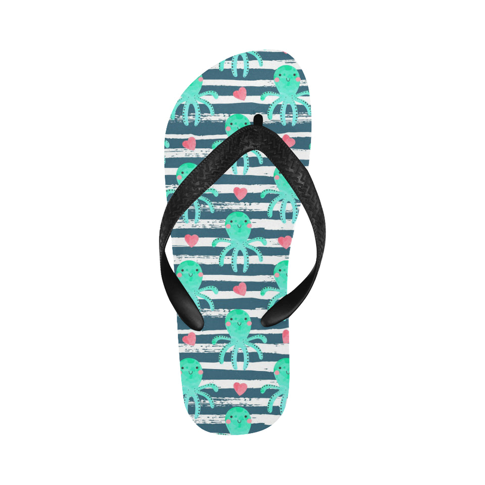 Cute octopuses heart striped background Unisex Flip Flops