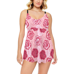 Rose Pattern Print Design 02 Chest Sexy Pleated Two Piece Swim Dress