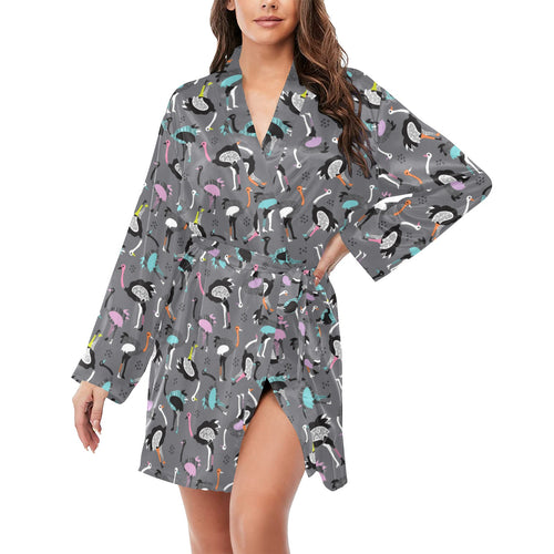 Ostrich Pattern Print Design 01 Women's Long Sleeve Belted Night Robe