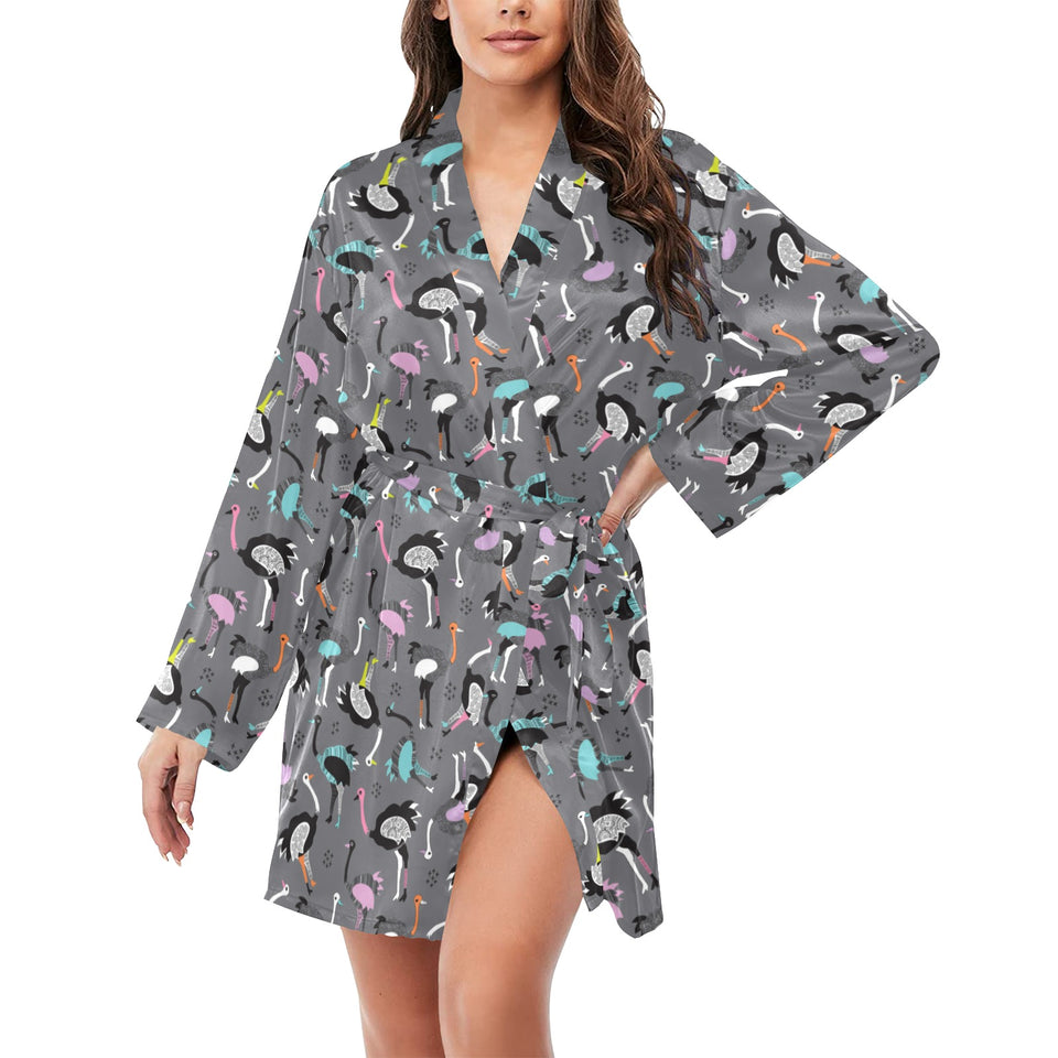 Ostrich Pattern Print Design 01 Women's Long Sleeve Belted Night Robe