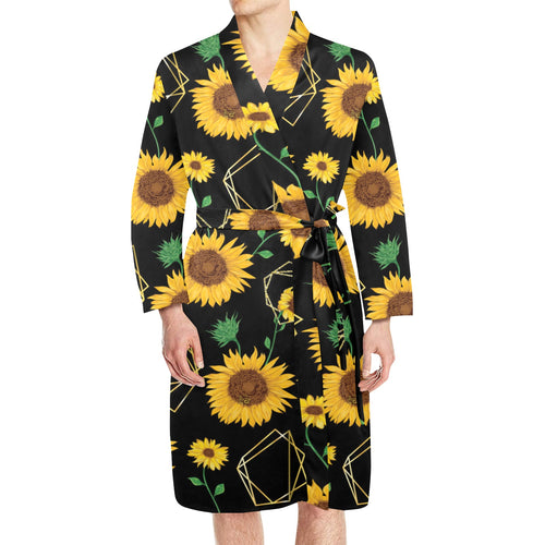 sunflower golden polygonal shapes Men's Long Sleeve Belted Night Robe