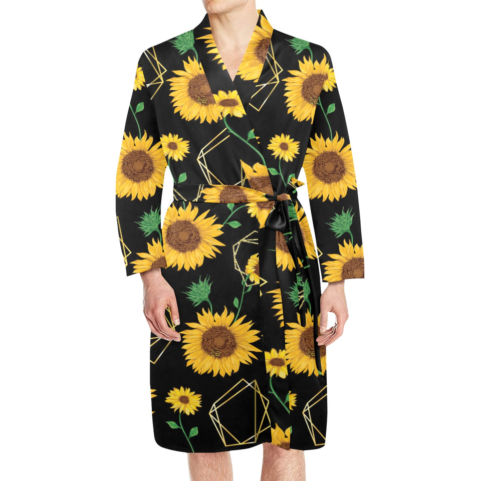 sunflower golden polygonal shapes Men's Long Sleeve Belted Night Robe