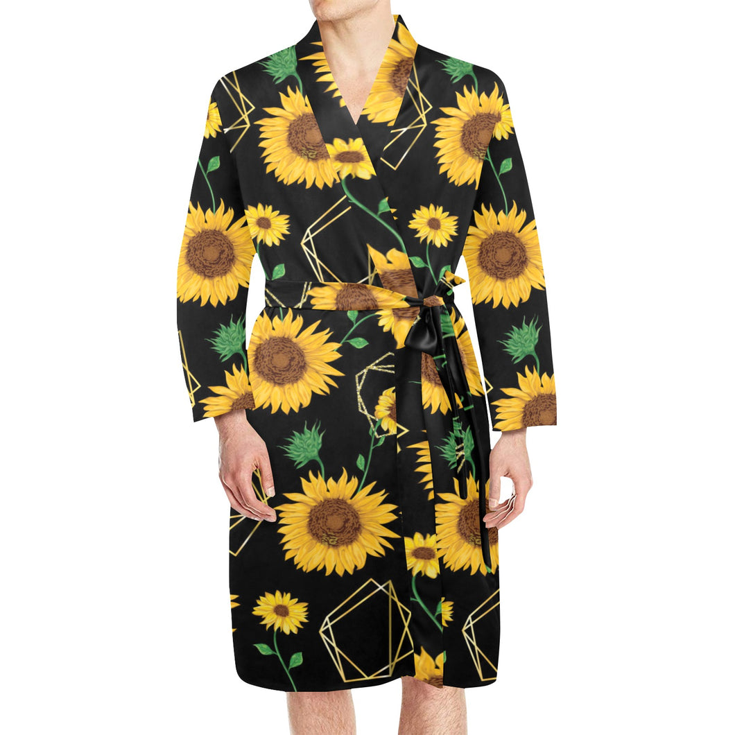 sunflower golden polygonal shapes Men's Long Sleeve Belted Night Robe