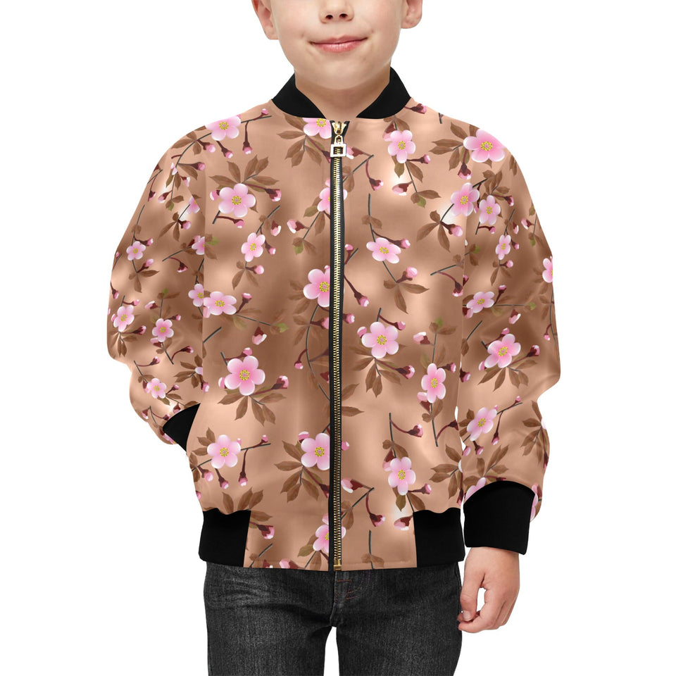 Pink sakura cherry blossom drak brown background Kids' Boys' Girls' Bomber Jacket