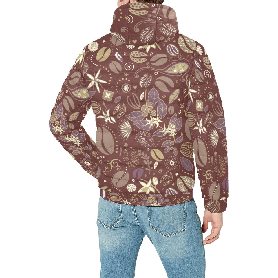 Coffee bean flower pattern Men's Padded Hooded Jacket