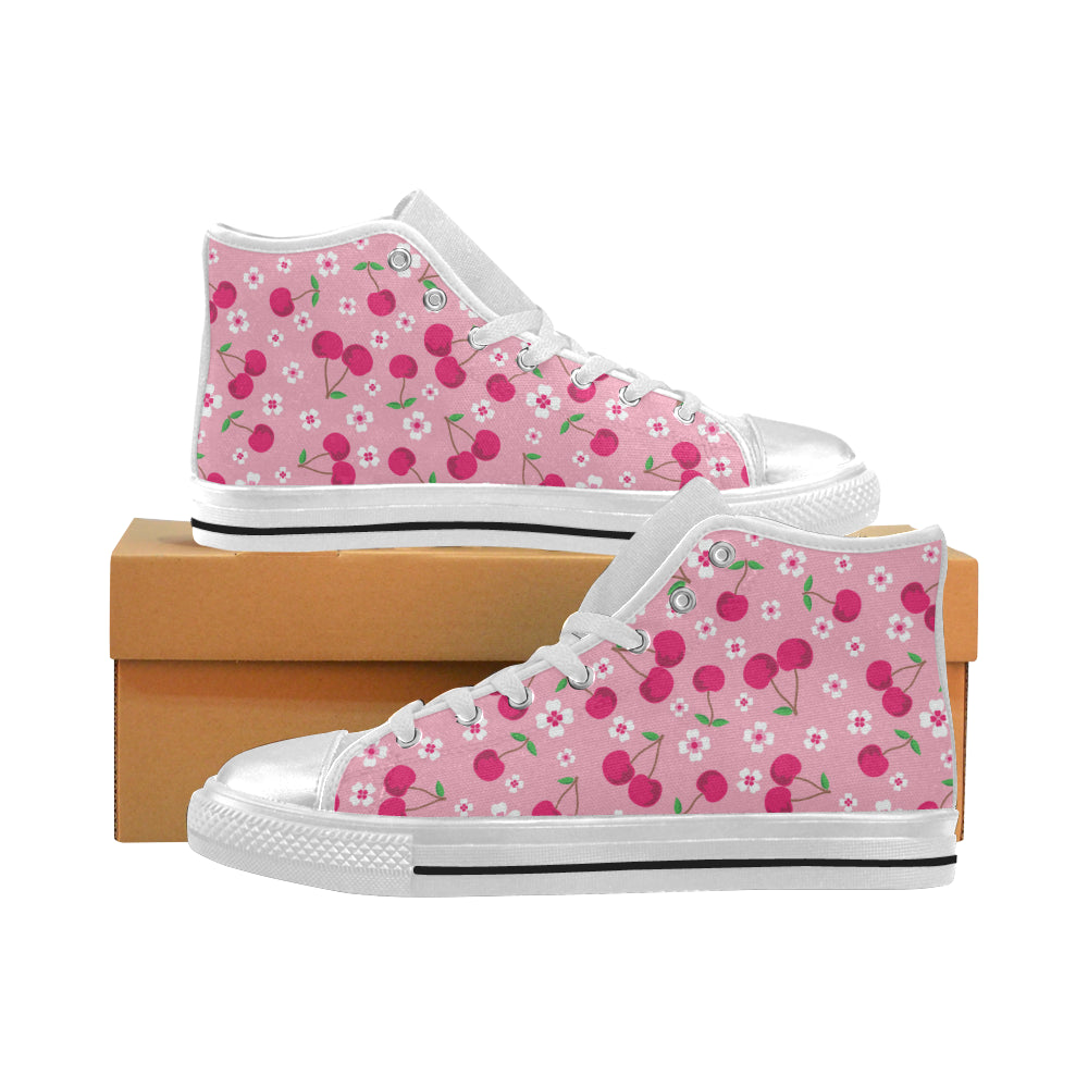 cherry flower pattern pink background Women's High Top Canvas Shoes White