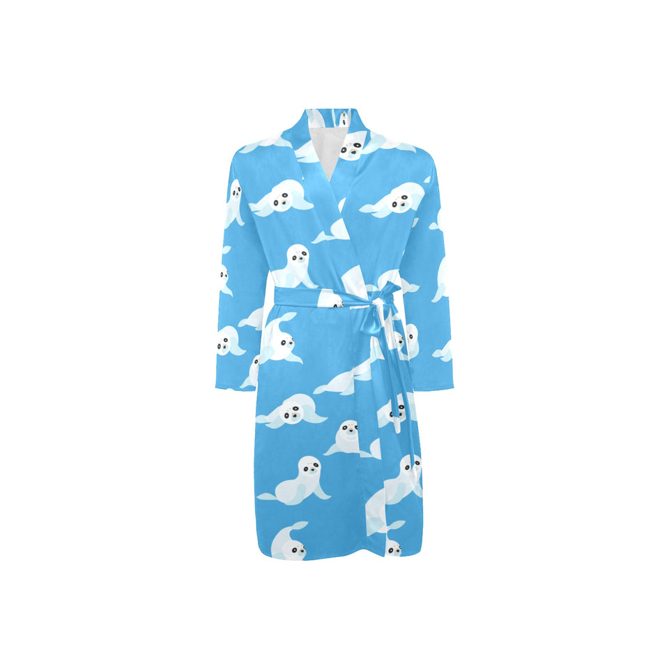 Cute sea lion seal pattern background Men's Long Sleeve Belted Night Robe