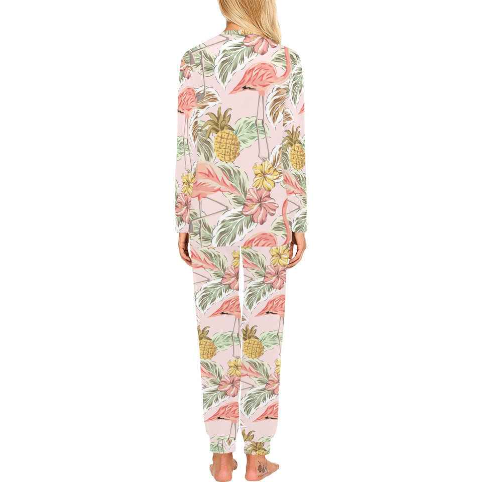 Pink flamingo birds pineapples hibiscus flower pat Women's All Over Print Pajama Set