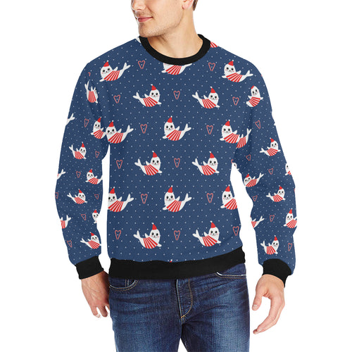 Cute sea lion seal christmas hat candy cane heart Men's Crew Neck Sweatshirt