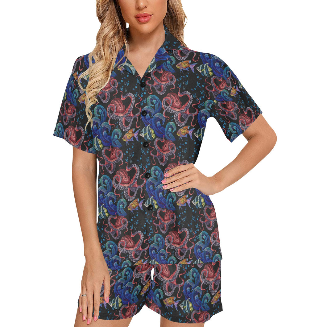 Octopus sea wave tropical fishe pattern Women's V-Neck Short Pajama Set