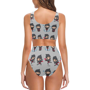 Cute ninja pattern Chest Bowknot High Waisted Bikini Swimsuit