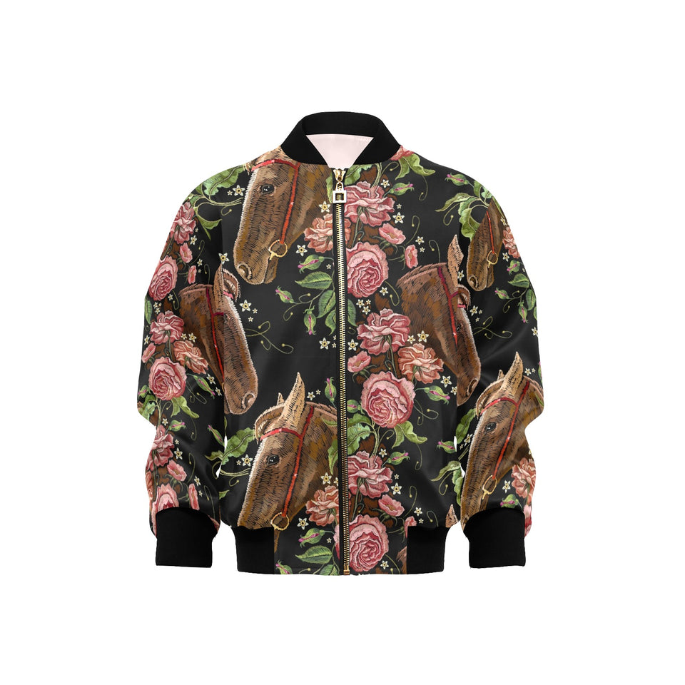 Horse head wild roses pattern Kids' Boys' Girls' Bomber Jacket