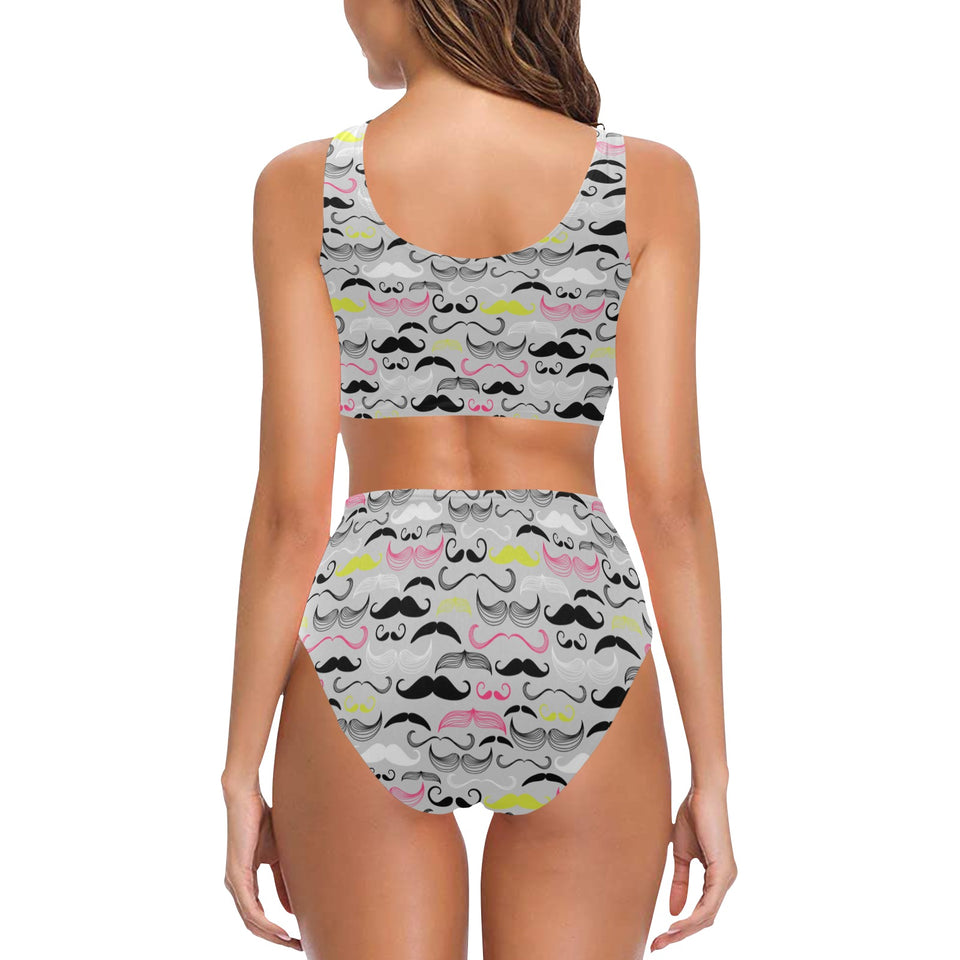 Mustache Beard Pattern Print Design 02 Chest Bowknot High Waisted Bikini Swimsuit