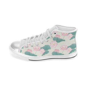 Pink lotus waterlily leaves pattern Women's High Top Canvas Shoes White