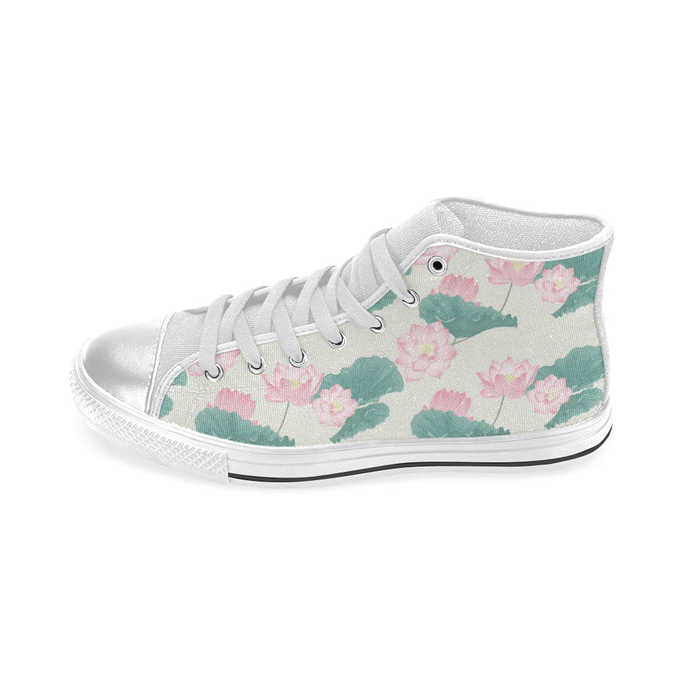 Pink lotus waterlily leaves pattern Women's High Top Canvas Shoes White