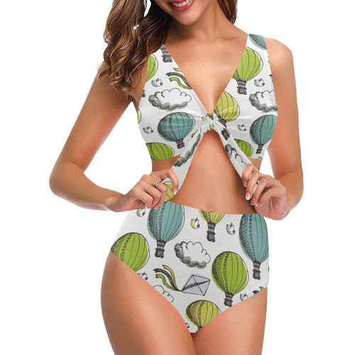 Hot Air Balloon Bird Cloud Pattern Chest Bowknot High Waisted Bikini Swimsuit
