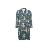 Raccoon tropical leaves pattern Men's Long Sleeve Belted Night Robe