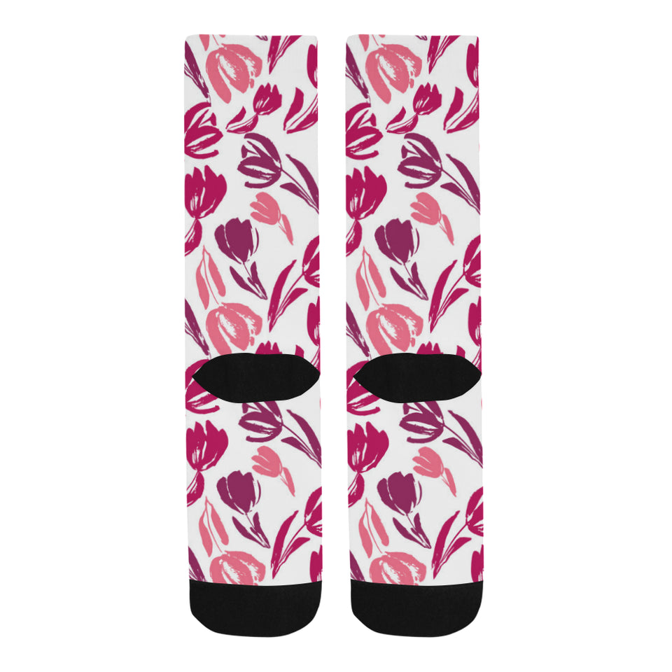 pink sketch tulip pattern Crew Socks