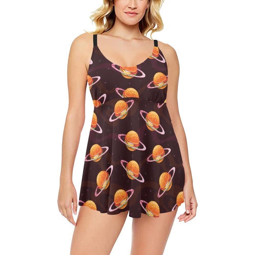 Hamburger Pattern Print Design 05 Chest Sexy Pleated Two Piece Swim Dress
