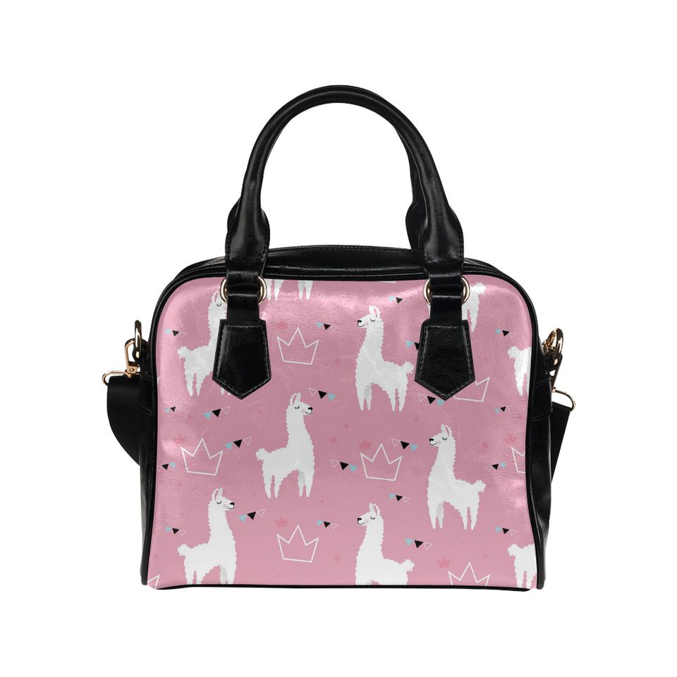 Llama Alpaca pink background Shoulder Handbag