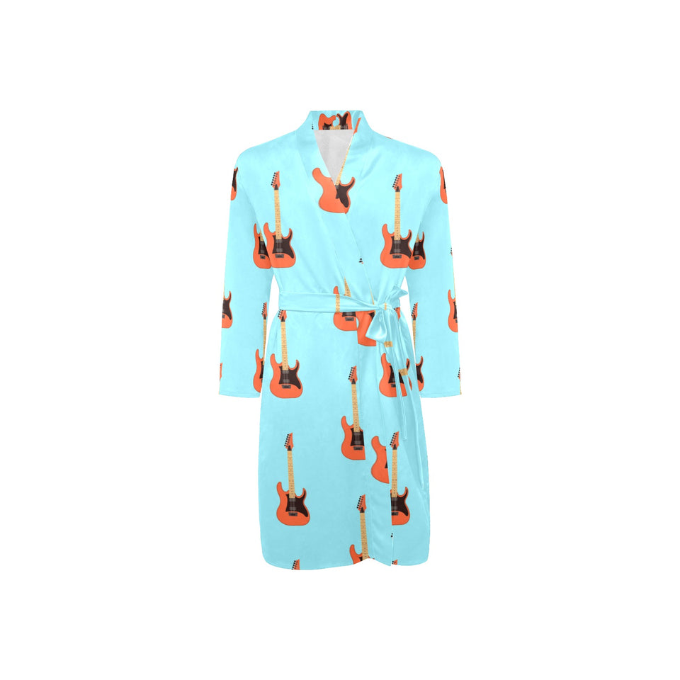 electric guitar pattern light blue background Men's Long Sleeve Belted Night Robe