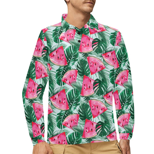 Watermelons tropical palm leaves pattern Men's Long Sleeve Polo Shirt
