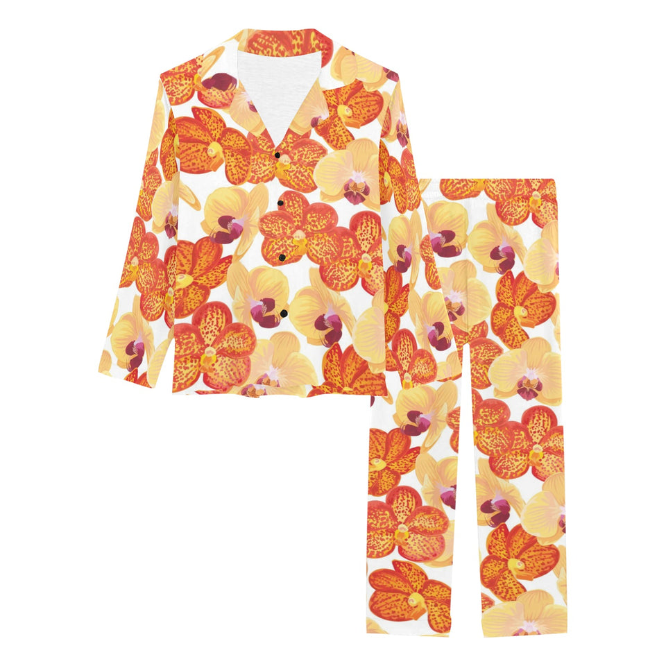 Orange yellow orchid flower pattern background Women's Long Pajama Set