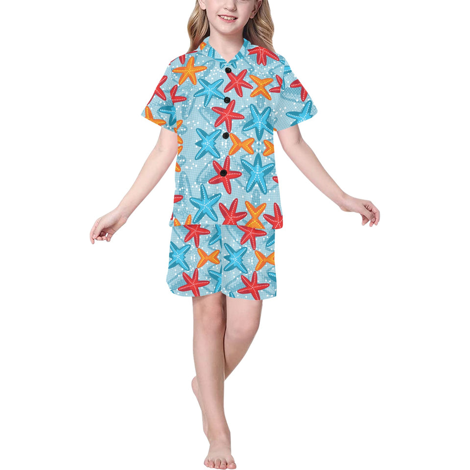 Blue red orange starfish pattern Kids' Boys' Girls' V-Neck Short Pajama Set