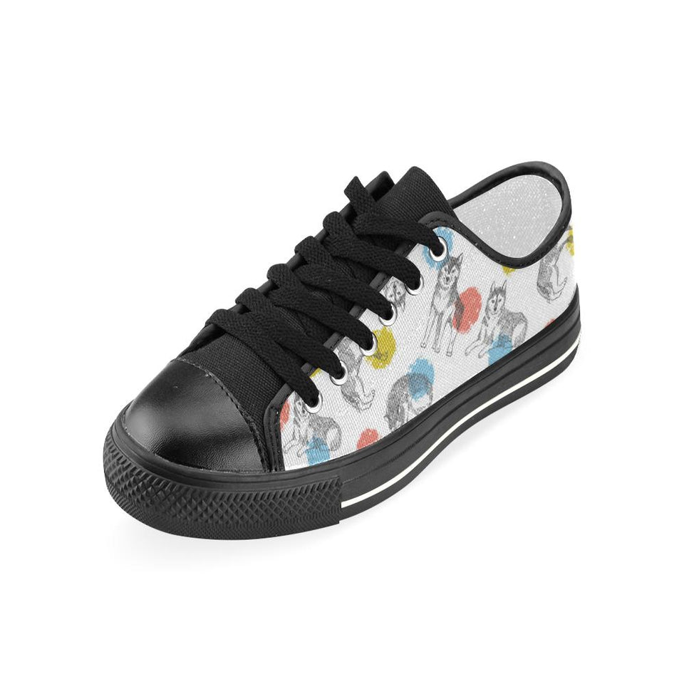 Siberian husky and colorful circle pattern Kids' Boys' Girls' Low Top Canvas Shoes Black