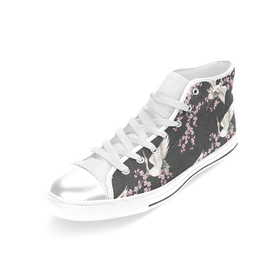 Japanese crane pink sakura pattern Women's High Top Canvas Shoes White