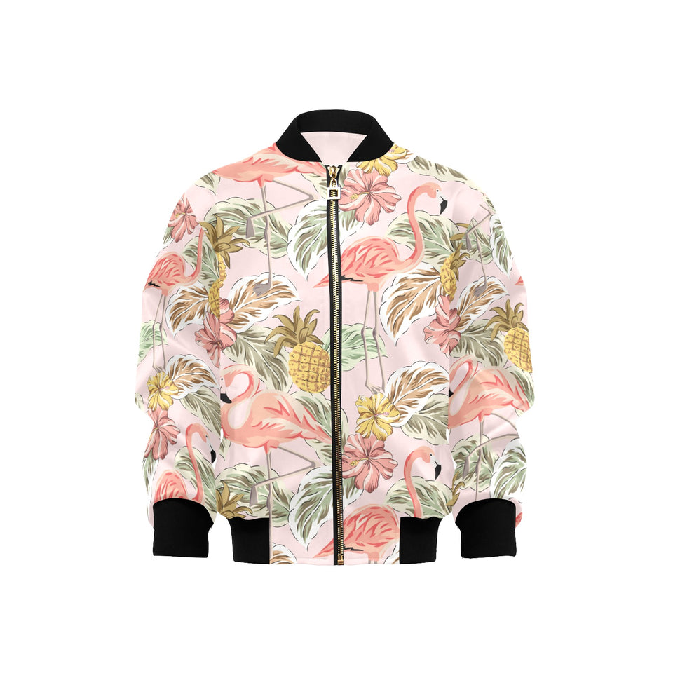 Pink flamingo birds pineapples hibiscus flower pat Kids' Boys' Girls' Bomber Jacket