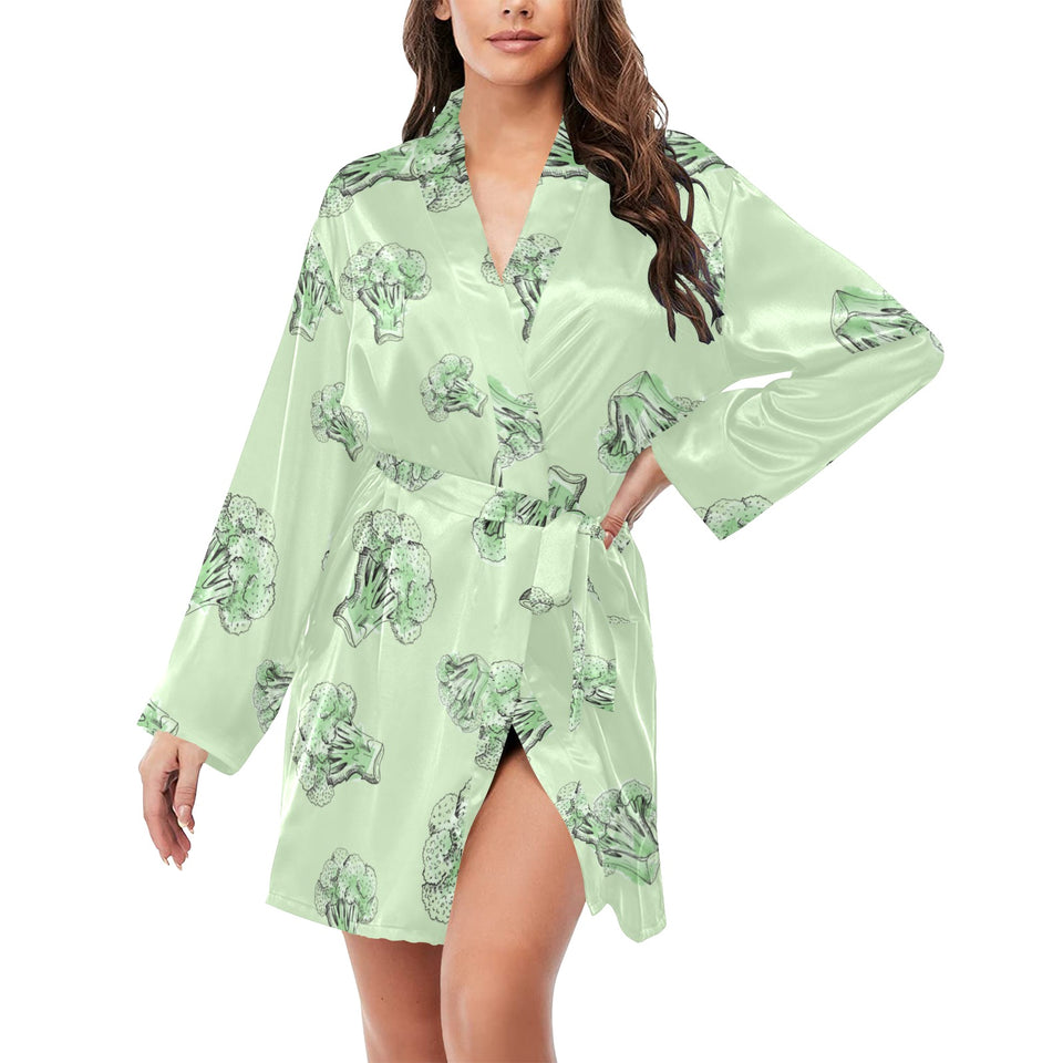 broccoli sketch pattern Women's Long Sleeve Belted Night Robe