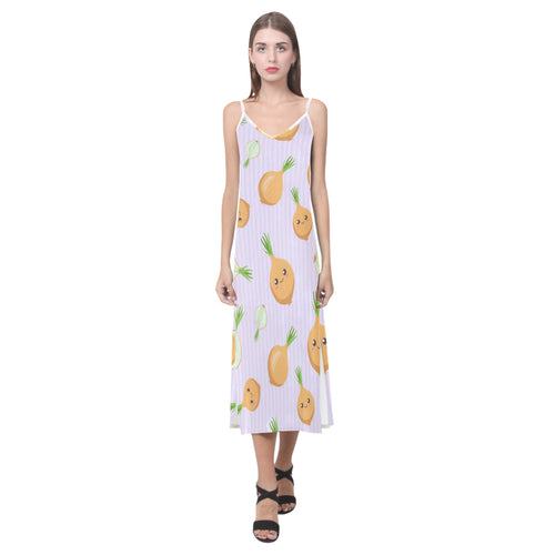 cute onions smiling faces purple background V-Neck Open Fork Long Dress